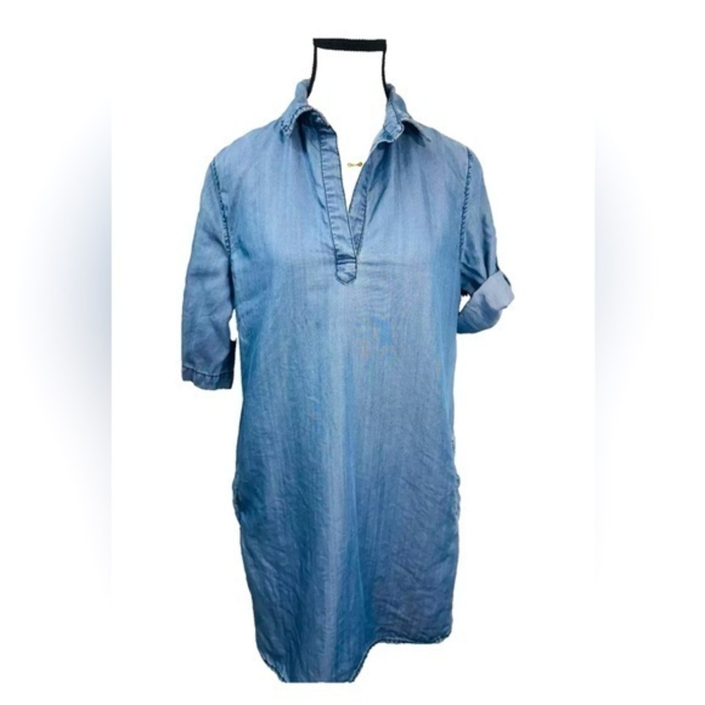 Velvet Heart Women's Knee Length Denim Shirt Dress Blue 3/4 Roll Sleeve Collared